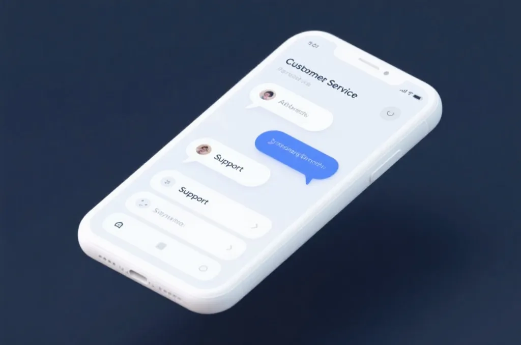 A clean 3D render of a mobile customer service interface with support chat bubbles